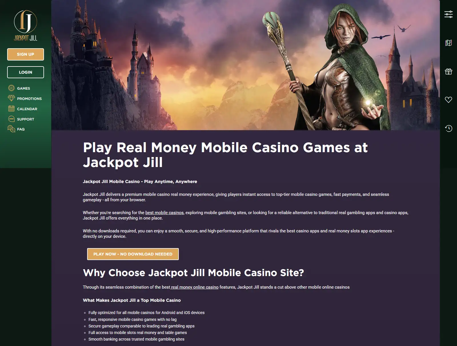 Jackpot Jill mobile casino page showing browser-based play