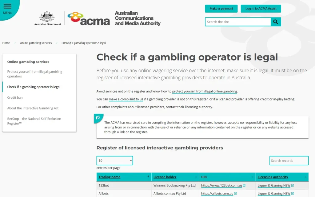 ACMA licensed interactive gambling provider register used to check Jackpot Jill Australian licence status