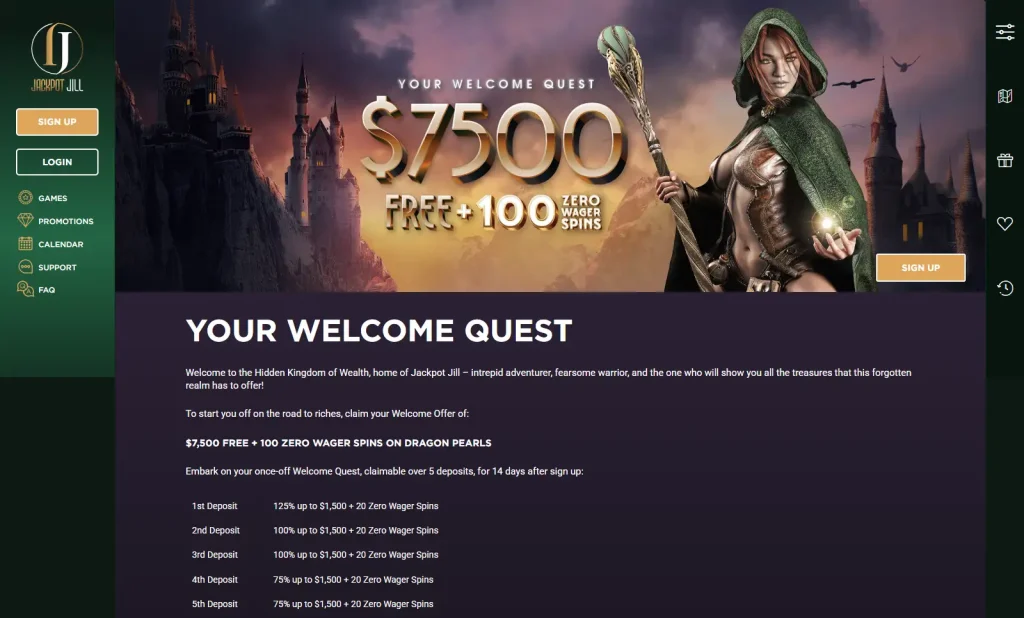 Current Jackpot Jill Welcome Quest offer page