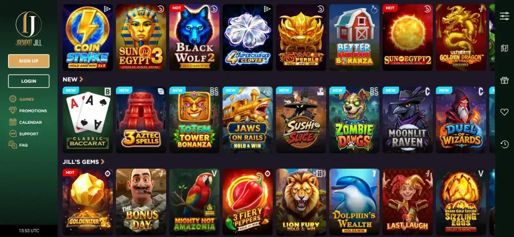 Jackpot Jill casino game lobby with category and provider filters