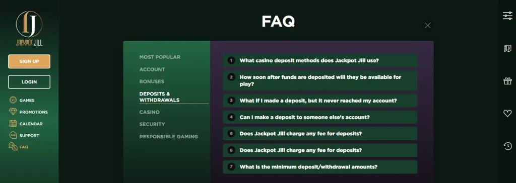 Jackpot Jill official FAQ showing current deposit and withdrawal information