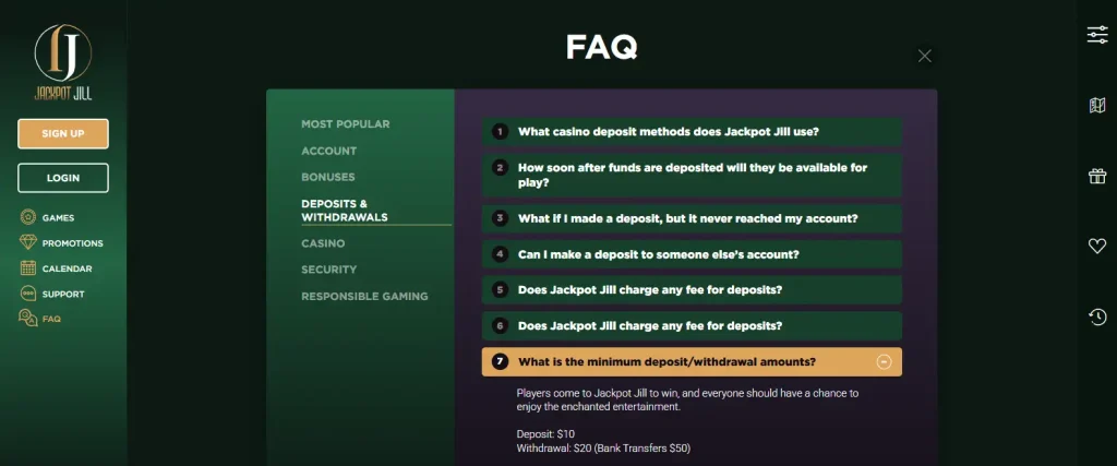 Jackpot Jill official FAQ showing current minimum deposit and withdrawal amounts
