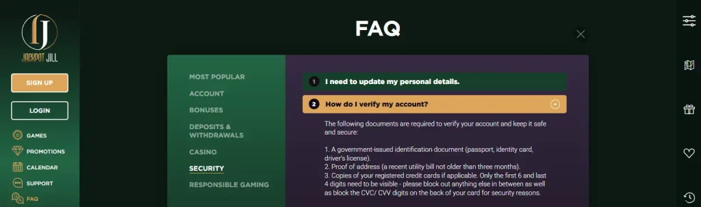Jackpot Jill official FAQ showing current KYC document requirements