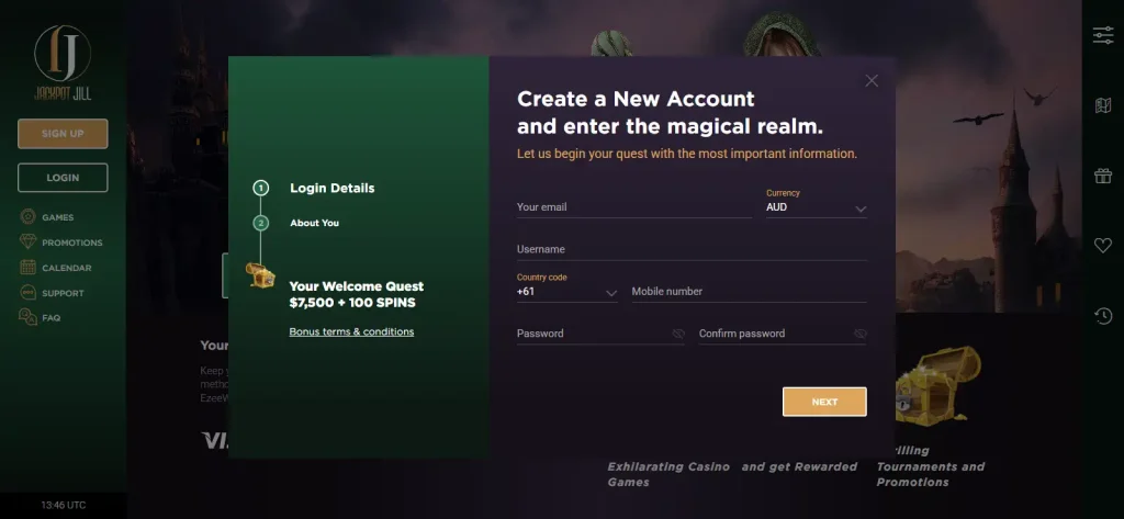 Jackpot Jill official sign-up screen showing the current registration interface